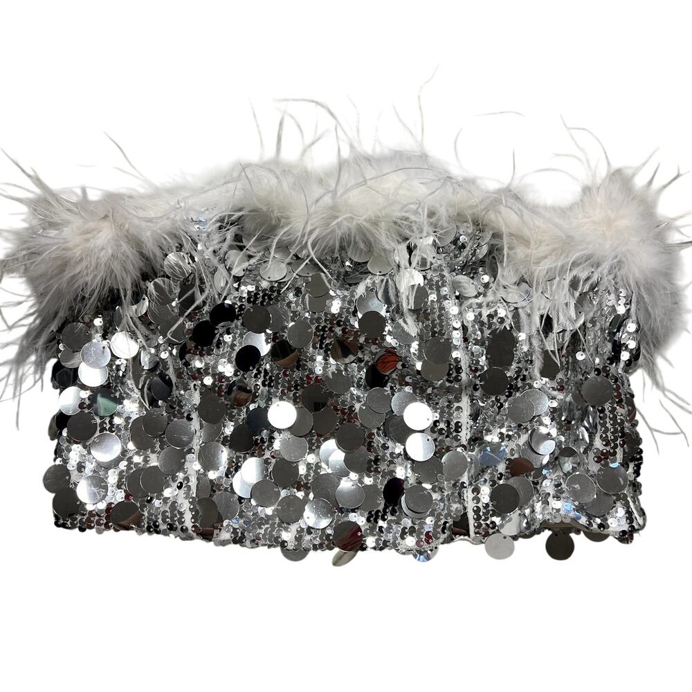 12th Tribe Silver Sequin Feathered Tube Top Size Large